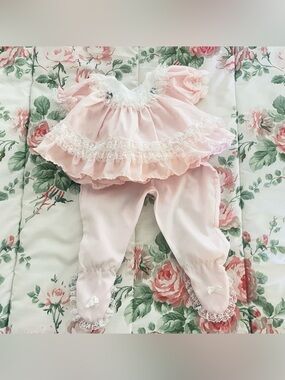 Vintage Alexis Baby Dress Pink Lace Ruffle 2 Piece Set Cotton Blend Preemie